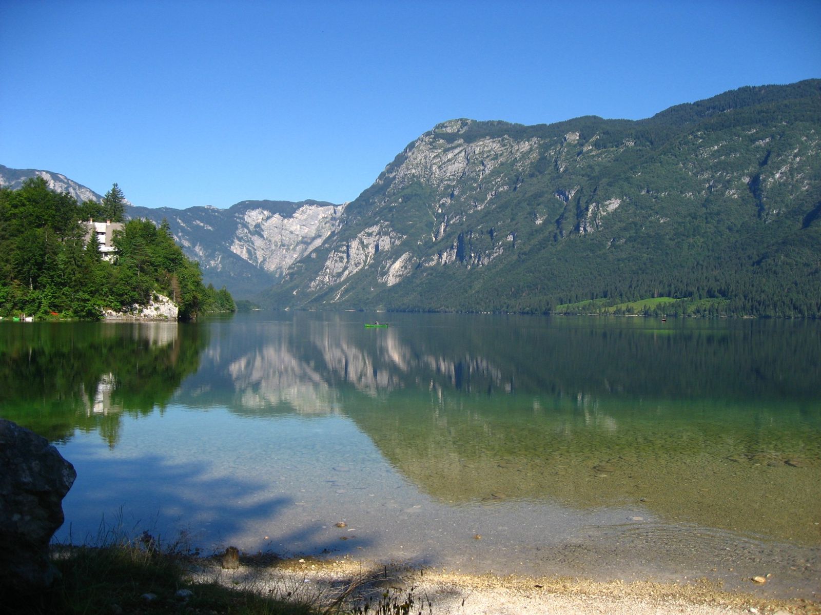 Het Bohinjmeer in de zomer, met de bergen van de Julische Alpen erachter